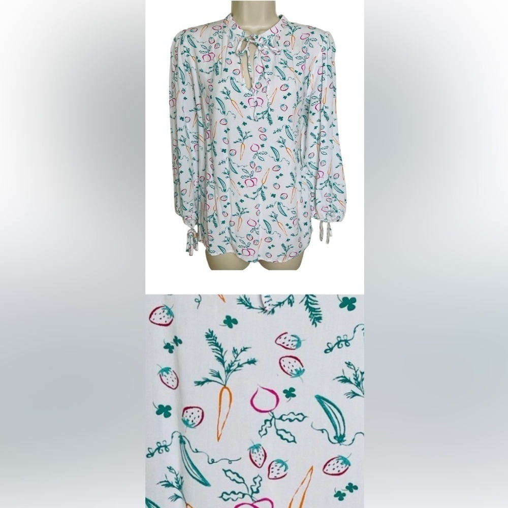 Loft Outlet Womens Veggies Spring Novelty Blouse Top M Tie Neck Cuffs Multicolor